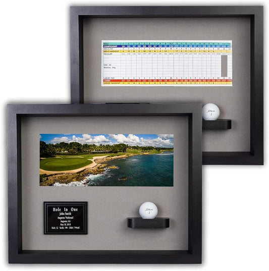 Hole in One Shadowbox and Golf Ball Display Case | Personalized Engraved Plate | Holds Golf Ball and Scorecard or Photo |4 Color Finishes | Wall Mounted (Horizontal, Black/Gray)