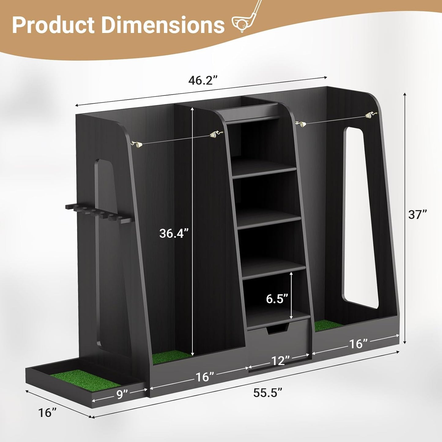 Wooden Golf Bag Organizer and Storage Rack, Golf Storage Organizer for Garage, Golf Bag storage Rack, Holds 2 Golf Bags and Golfing Equipment, Suitable for Garage Golf Club Home