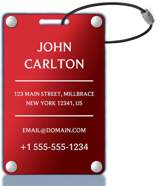 Personalized Luggage Tags for Suitcases - Aluminum Custom Luggage Tags for Backpacks & Bags, Sturdy, Waterproof & Heavy Duty (Red/Card-Sized) (SleekBarRed)