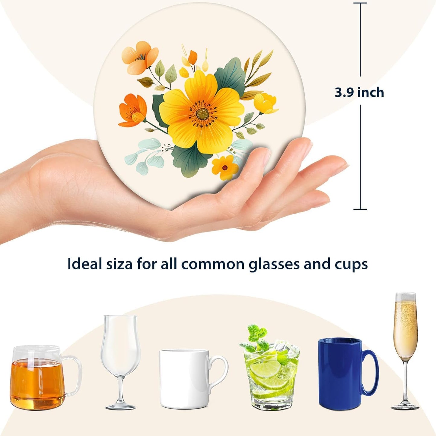 Boho Set of 6 Coasters for Drinks Absorbing Round Ceramic Stone Coaster with Cork Base,Tabletop Protection Mat for Mugs and Cups,Office,Kitchen (Yellow Flower)