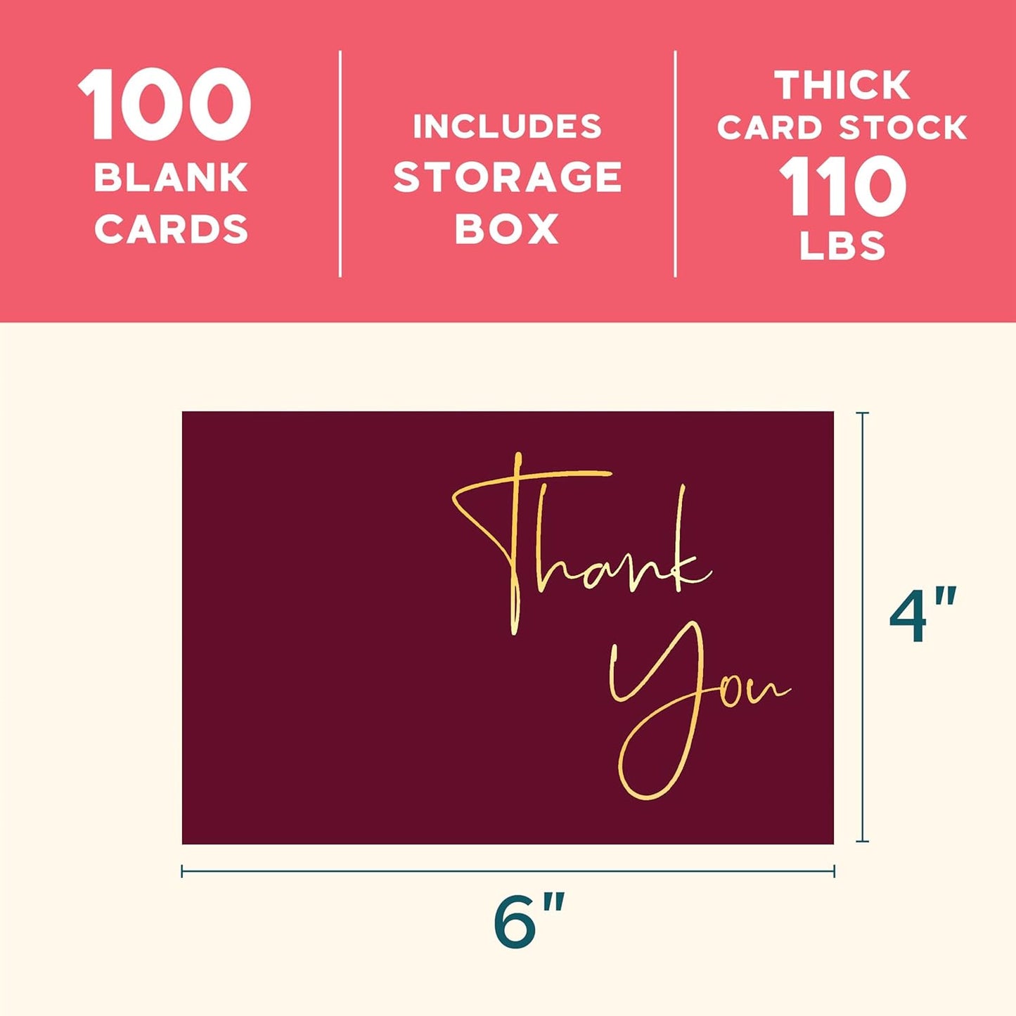 VNS Creations Gold Foil Thank You Cards With Envelopes Bulk Set & Stickers - 100 Pack 4x6 Blank Thank You Notes Box Set - Large Note Card Small Business, Wedding, Baby Shower & Bridal Shower - Wine