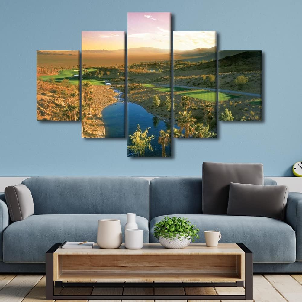 Cascata Golf Course Wall Art Green Golf Course Scenery Pictures Canvas Print Home Decor 5 Panels House Decor for Living Room Bedroom Bathroom Painting Poster Framed Ready to Hang - 60"W x 40"H