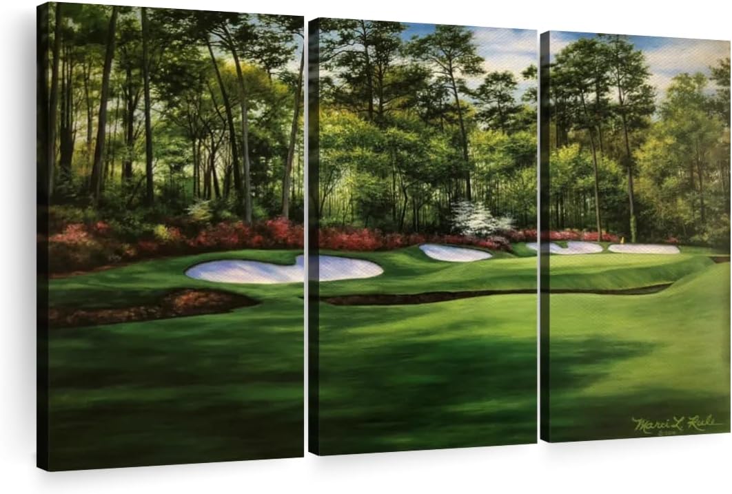 ElephantStock Augusta National 13th Hole I Wall Art - Horizontal Canvas - 3-Piece Living Room Wall Decor - Painting Sports Canvas Print - Green and Red Decor for Wall by Marci Rule - 50" X 32"
