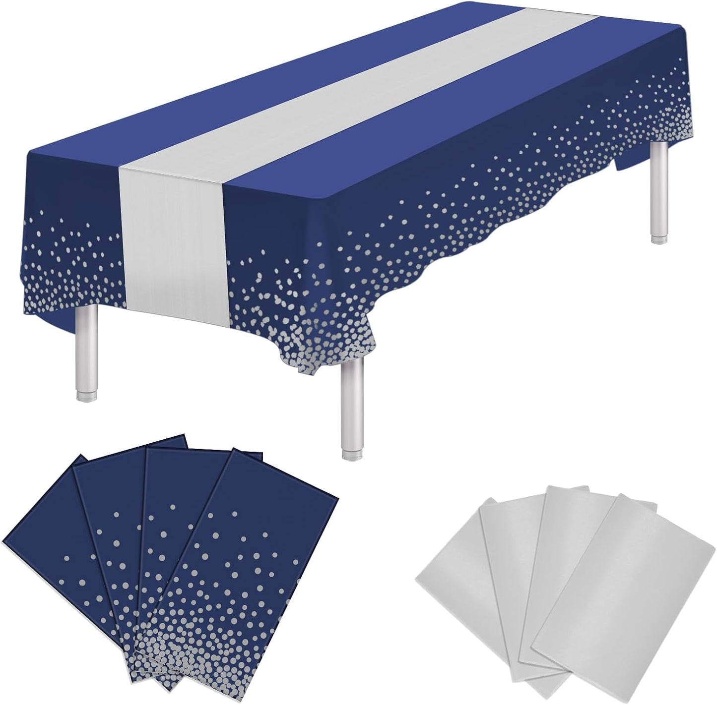 8 Packs Disposable Rectangle Tablecloth and Satin Table Runner, Blue and Silver Plastic Table Cloths for Parties Table Cover for Baby Shower Birthday Wedding Anniversary Holiday Party Decorations