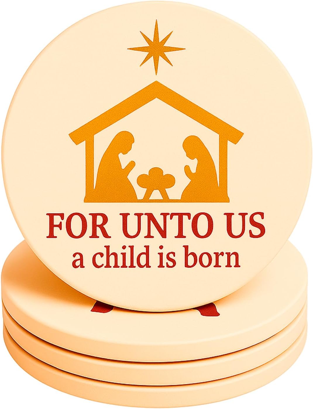 for Unto Us A Child is Born Nativity Scene Christmas Coasters Set of 4, Absorbent Ceramic with Non-Slip Cork Backing – Christian Religious Holiday Drink Coasters for Coffee Table, Home, Church Decor