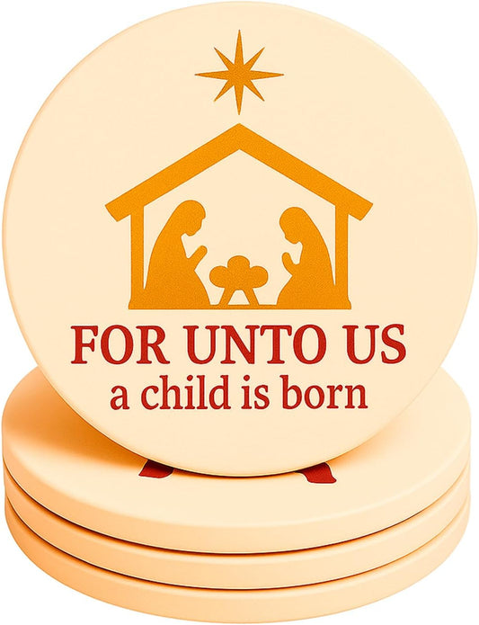 for Unto Us A Child is Born Nativity Scene Christmas Coasters Set of 4, Absorbent Ceramic with Non-Slip Cork Backing – Christian Religious Holiday Drink Coasters for Coffee Table, Home, Church Decor