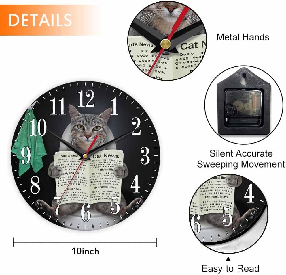 Mxocom Funny Cat Wall Clock Gray Cat Reading Newspaper Bathroom White Toilet Bowl 10 Inch Silent Non Ticking Battery Operated Clock Vintage Round Clock for Living Room Bedroom Bathroom Office Decor