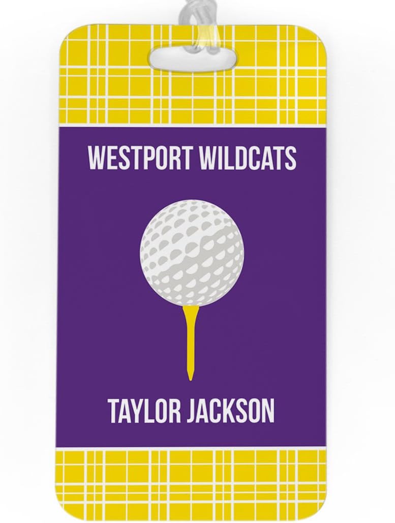 ChalkTalkSPORTS Golf Luggage & Bag Tag | Personalized Team with Golf Ball | Standard Lines on Back | Large | Yellow/Purple