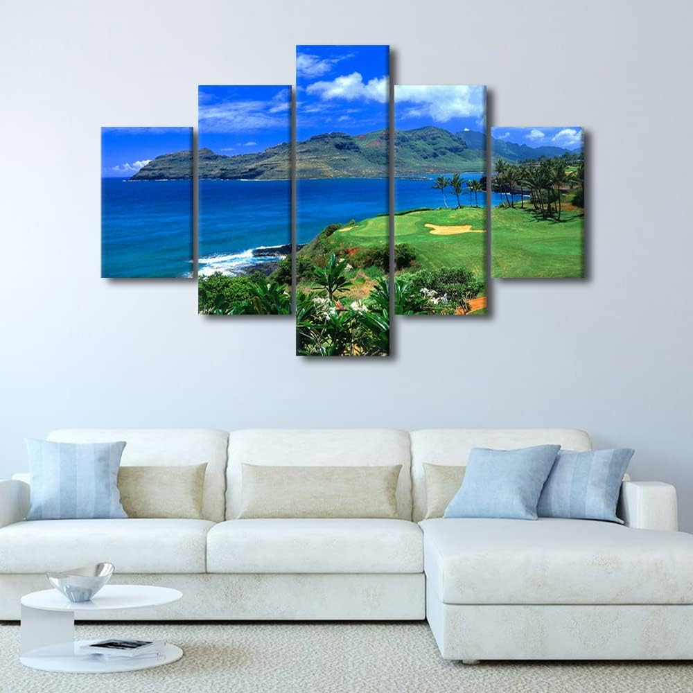 5 Piece Canvas Wall Art for Living Room Golf Course Pictures White Golf Ball Paintings Green Lawn Scenery Artwork Gallery-Wrapped Modern Home Decor Posters and Prints Framed Ready to Hang - 60"Wx40"H