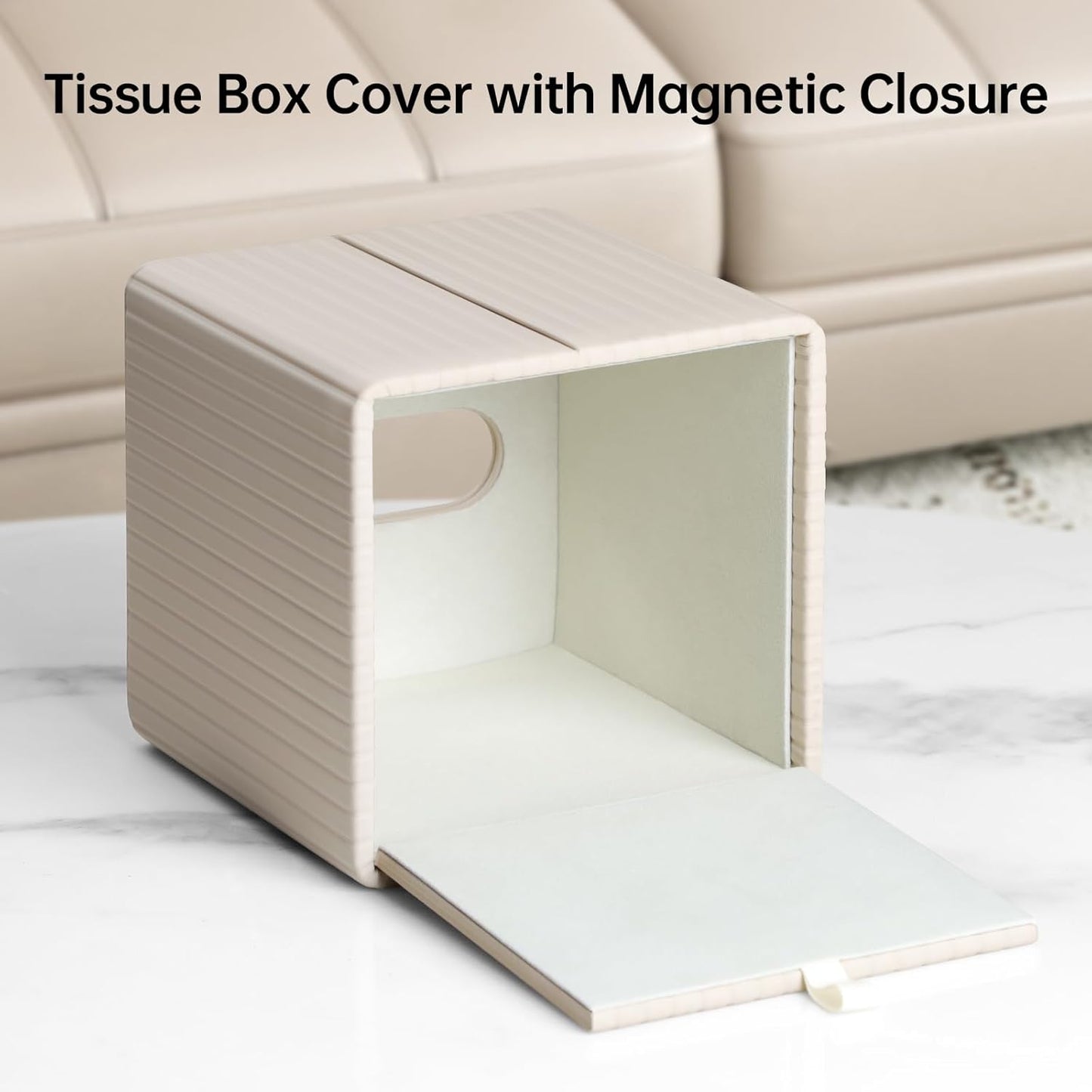 PU Leather Tissue Box Cover Square Tissue Box Holder with Magnetic Closure (Beige Stripe)