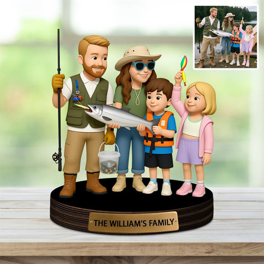 Personalized Family Photo Cartoon Desktop Ornament Custom Fisherman Portrait Figurine Plaque with Name Picture Acrylic Sculpture Desk Sign for Men Women Family Lover Christmas,02