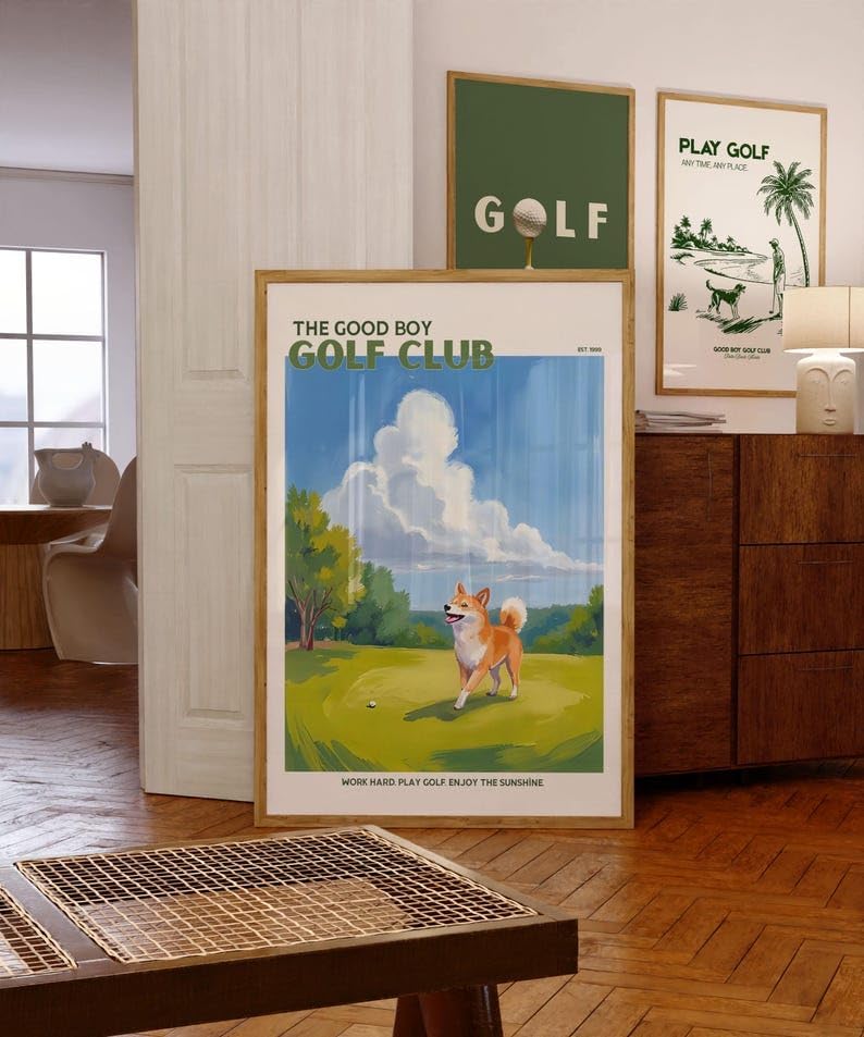 Good Boy Golf Club Poster, Shiba Inu Dog on Golf Course Wall Art, Retro Oil Painting Style Golf Print, Trendy Golf Wall Art, Creative Present for Golf Enthusiasts (Unframed) (12x18)