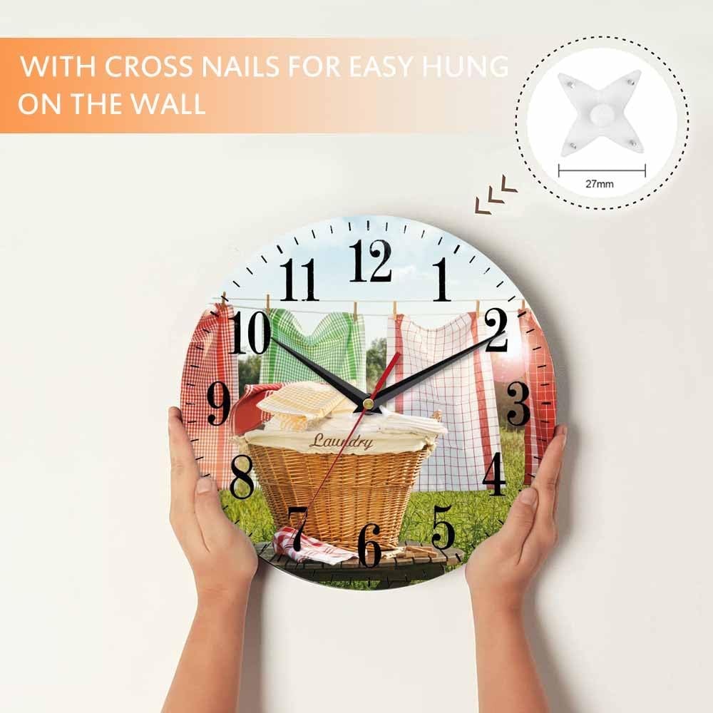 Mxocom Laundry Wall Clock Towels Hang Clothesline Basket Sunny Blue Sky 10 Inch Silent Non Ticking Battery Operated Clock Vintage Round Clock for Living Room Bedroom Bathroom Office Decor