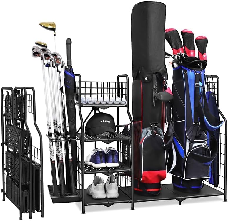 Folding Golf Bag Stand,Golf Storage Organizer for Garage with no Assembly, Golfing Equipment Rack, Extra Storage Rack for Golf Clubs