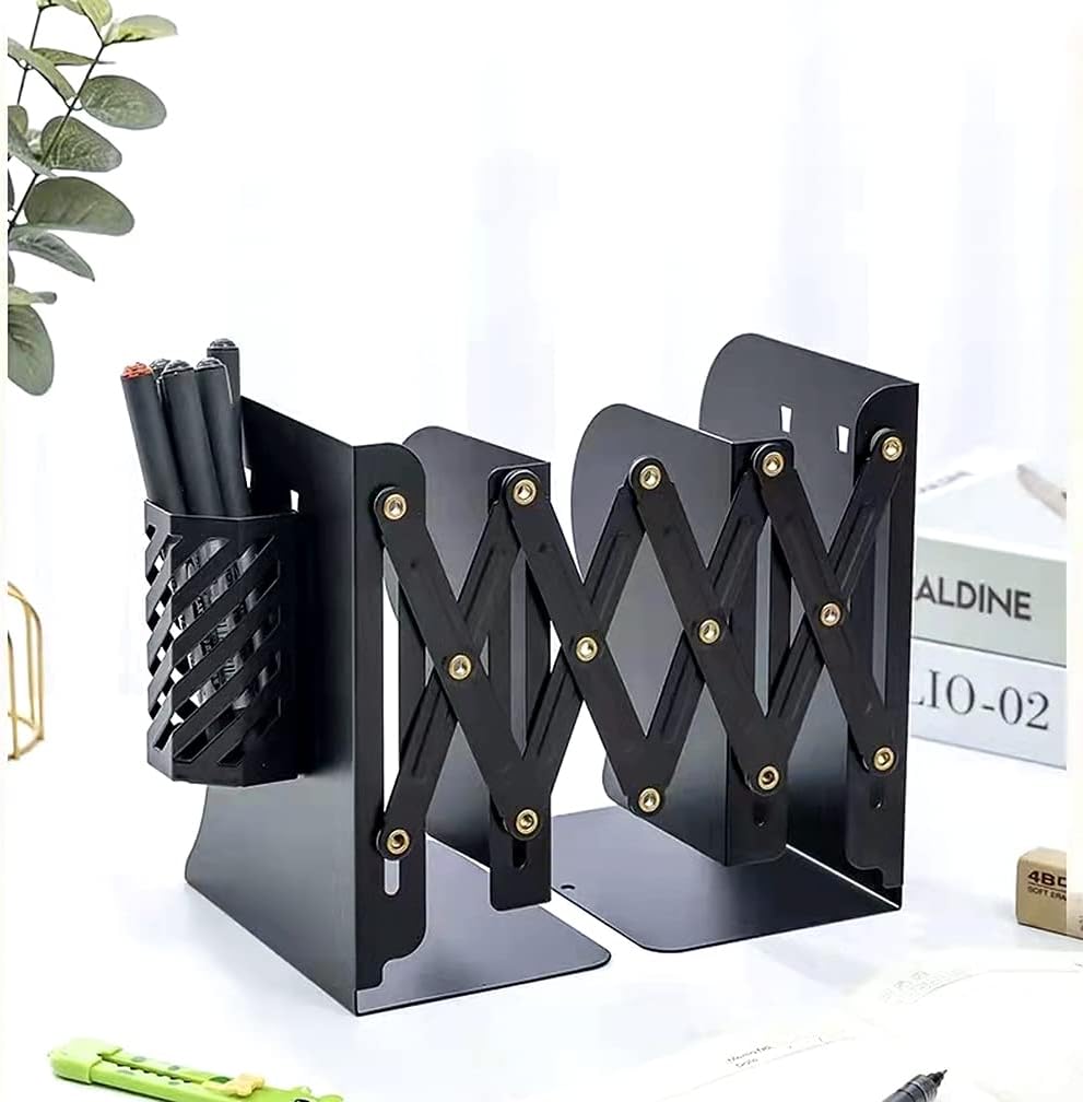 Adjustable Bookends Metal Book Ends for Heavy Book Holder Heavy Duty Bookends Nonskid Bookcase Desktop Book Organizer Binder Holder (Black)