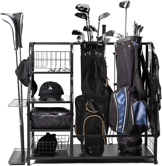 Golf Club Storage Rack with Shelves & Holders | Heavy-Duty Golf Bag Stand for 2 Bags | Golf Accessory Organizer for Garage, Home or Sports Room | Golf Bag Organizer by Lunai