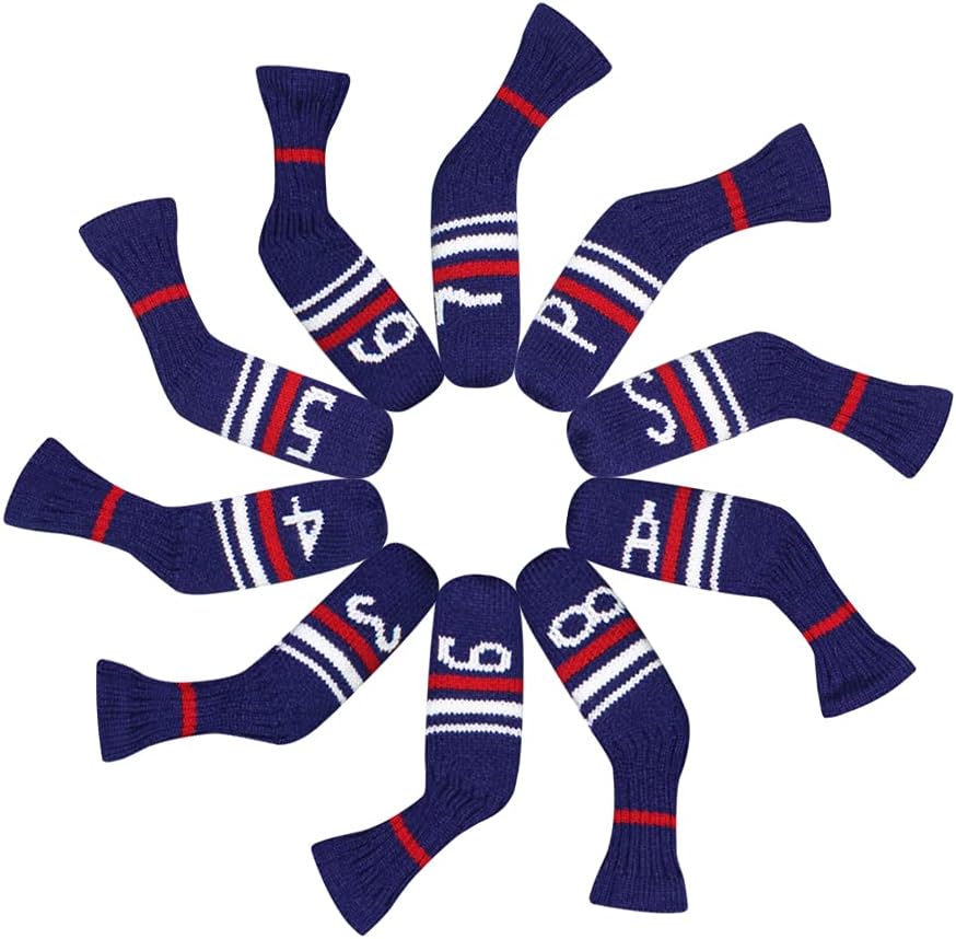 Scott Edward 1/7/10 Pcs Knitted Golf Club Head Covers for Irons Wedge Cuteness and Basically Socks Shape Washable Golf Club Head Protector on Red/Blue Warning Style