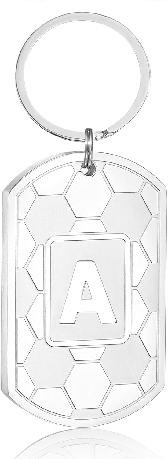 Initial Keychain Gifts for Men,Soccer Dog Tag Mens Keychains for Men Him Dad