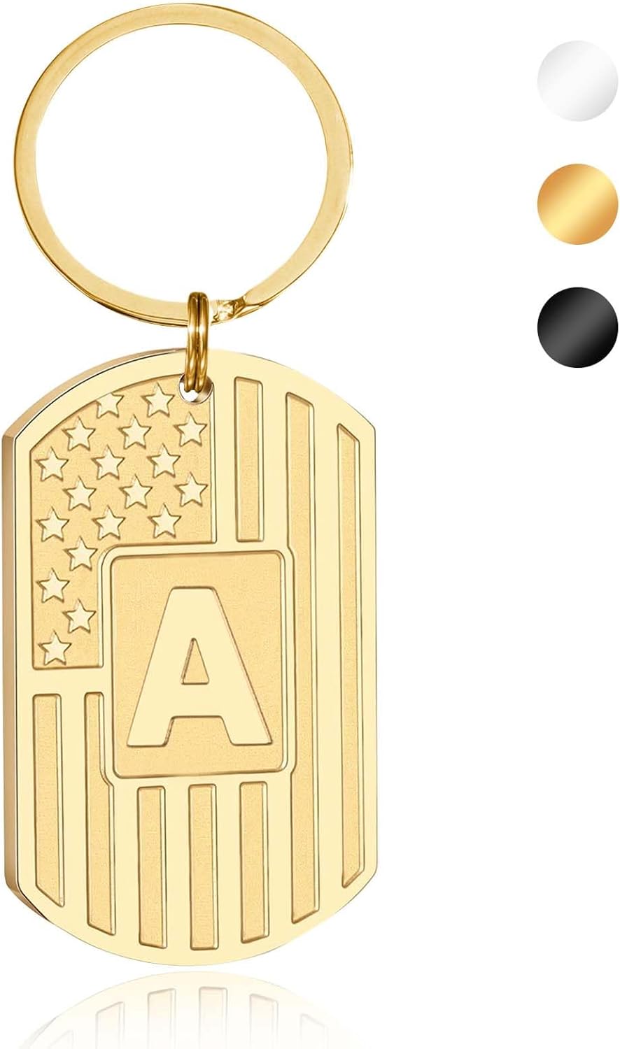 Initial Keychain Gifts for Men,A-Z Letter American Flag Dog Tag Stainless Steel Keychain,Mens Accessories Gift