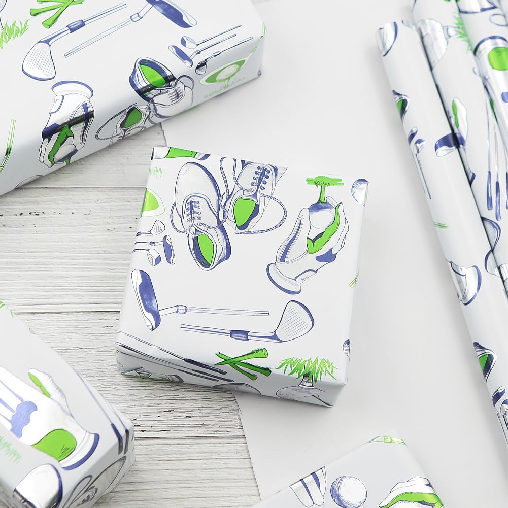 Lets go Golfing Golf Ball Holographic Aluminized Foil Wrapping Paper - 1 Mini Roll 17 X 10 ft Per roll 14.1 sq.ft.ttl - For Dad Men Golfer Boys Girls Birthday Sports Club Happy Father's Day Gift Wrap