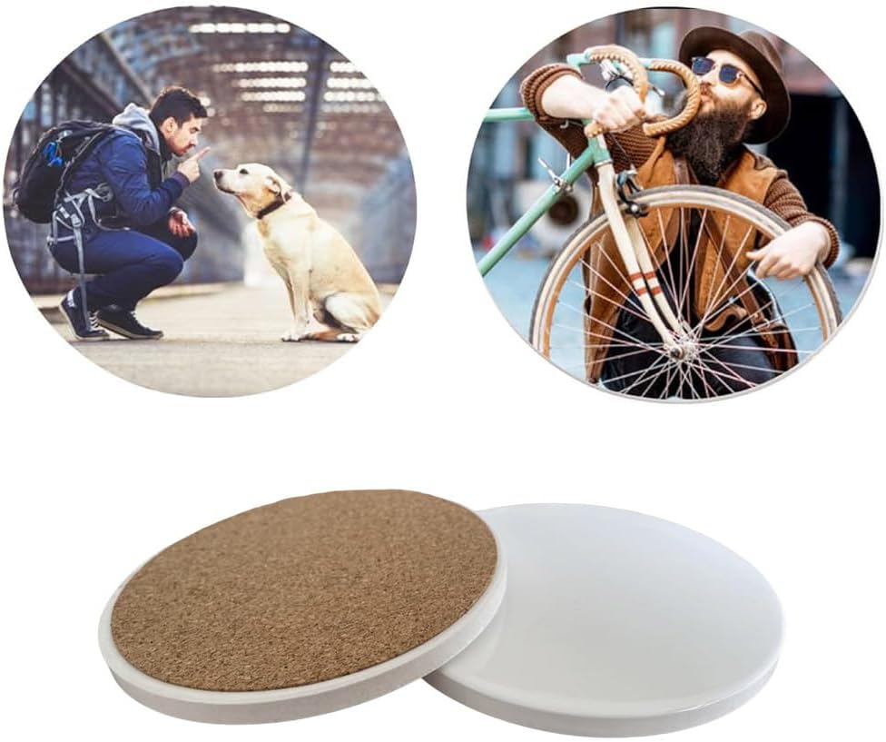 Sublimation Ceramic Coasters Blanks Bulk Round Drinks Coffee Cup Beverage Table Coaster, Absorbent Ceramic Coaster Set, Heat Transfer Cup Coasters for Home Decor with Cork Backing Pads (2PCS)