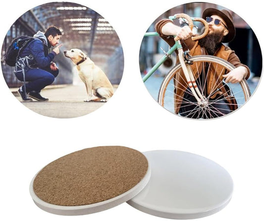 Sublimation Ceramic Coasters Blanks Bulk Round Drinks Coffee Cup Beverage Table Coaster, Absorbent Ceramic Coaster Set, Heat Transfer Cup Coasters for Home Decor with Cork Backing Pads (2PCS)
