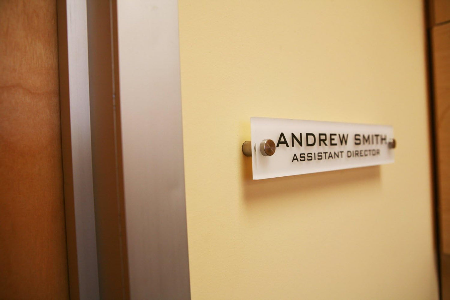 Personalized Office Wall Name Plate Sign. Modern Stainless Steel Legs (Frosted White)