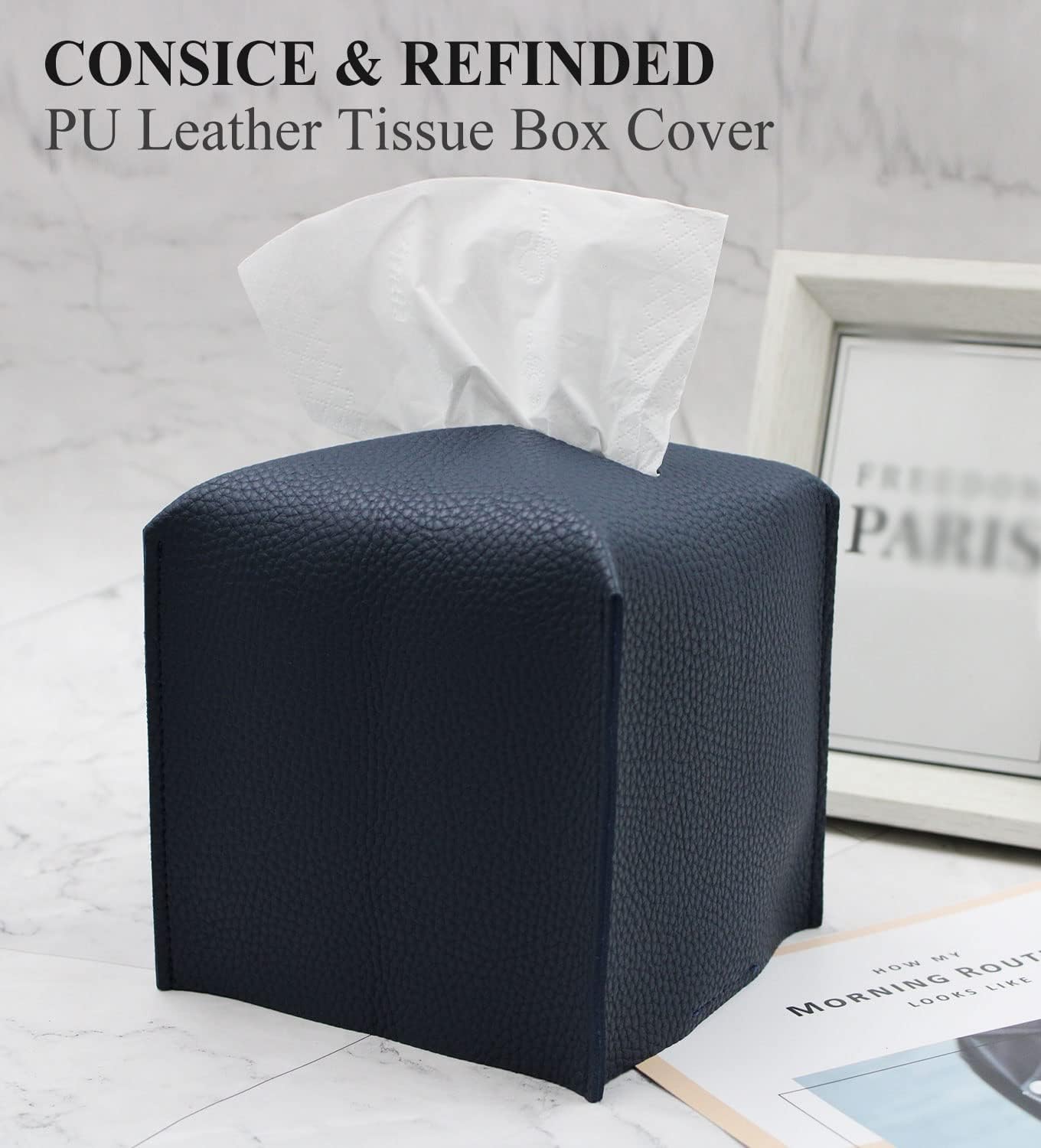 Livelab Tissue Box Cover, Square Decorative PU Leather Tissue Box Holder Modern Tissue Case Facial Paper Organizer Dispenser for Bathroom, Vanity Countertop, Night Stands, Desk 5X5X5'' | Navy Blue