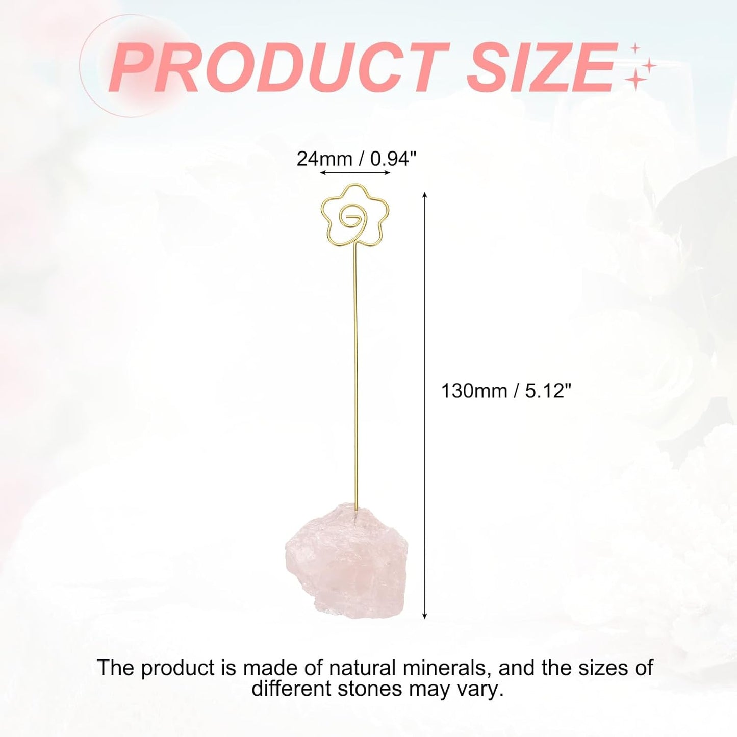 PATIKIL Table Number Holder, 1Pcs Photo Clip Holders Crystal Stone Quartz Desk Card Holder Raw Flower Shape Iron Memo Note Photo Stand for Wedding Party Home Office Decor, Pink