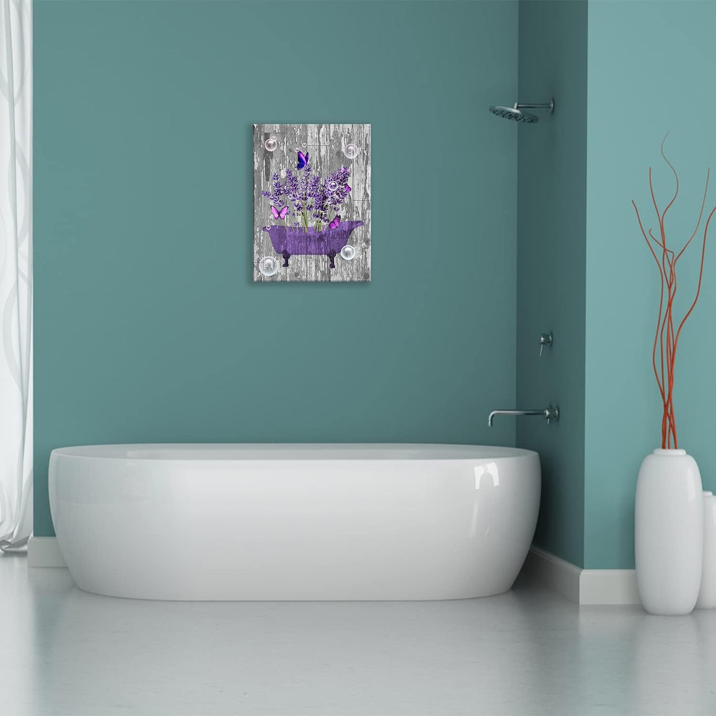 Lavender Bathroom Decor Wall Art Purple Farmhouse Bathroom Pictures for Wall Rustic Butterfly Bathtub Artwork Vintage Country Bathroom Grey White Painting Framed Bath Laundry Decorations 12"x16"