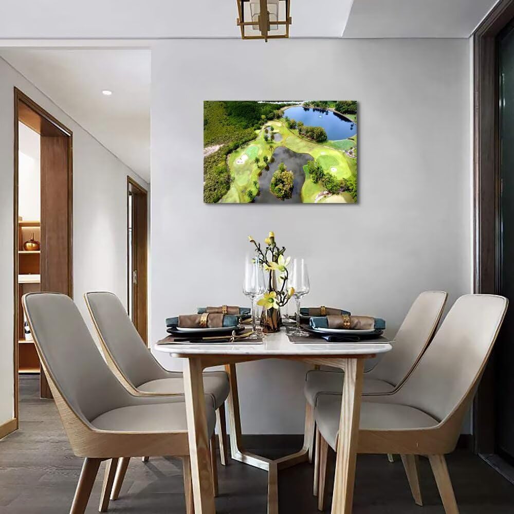 Golf Course Canvas Wall Art for Living Room Bedroom Bathroom Home Decorations Golf Course and Lake Picture Poster Prints Artwork Framed Ready to Hang(12''H x 16''W)