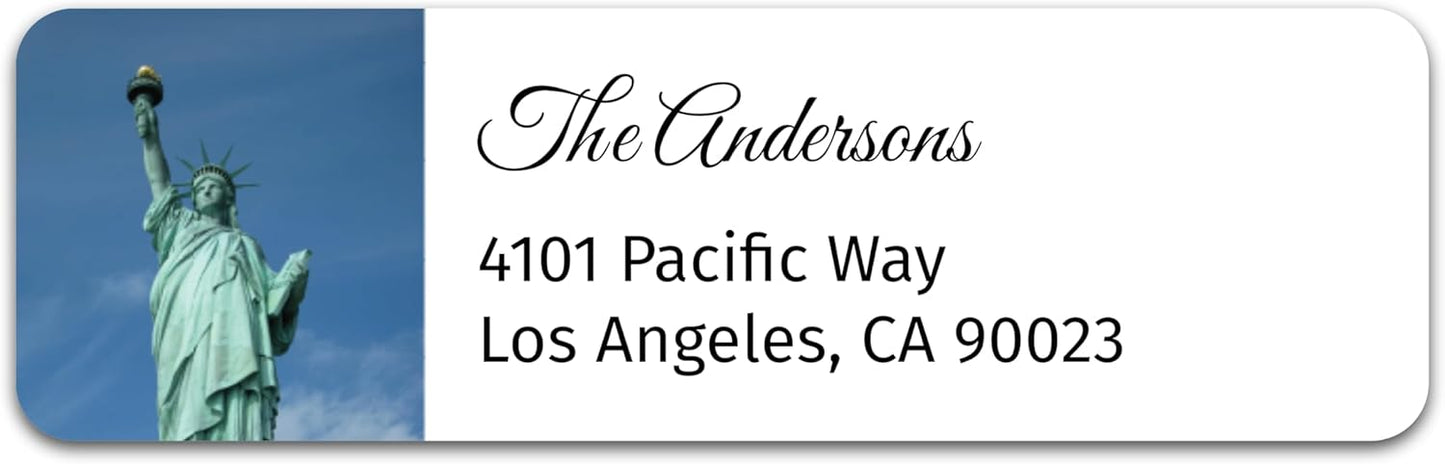 Personalized Patriotic Return Address Labels, Self-Adhesive Address Stickers on Sheets, 50-1000 Labels (Statue of Liberty Photo)