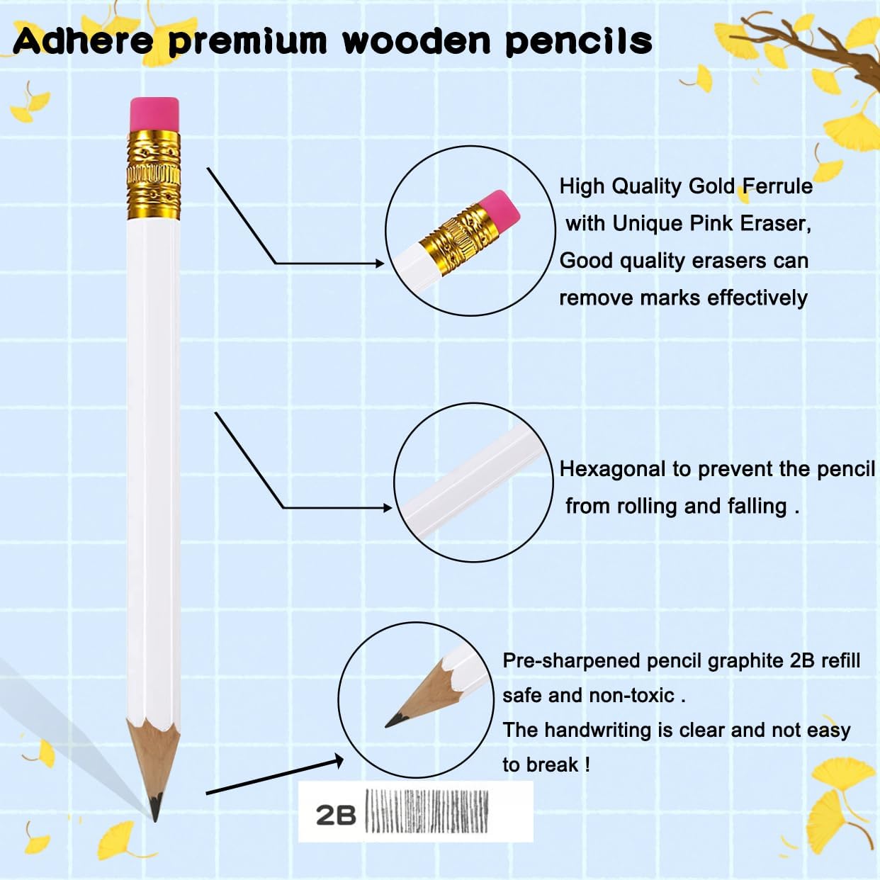 Adhere 25pcs Golf Pencils with eraser Hexagon Wooden Pencils Graphite 2B for Golf Event Scoring,Classroom,Wedding,Company Meetings,Pew, Pocket (white)