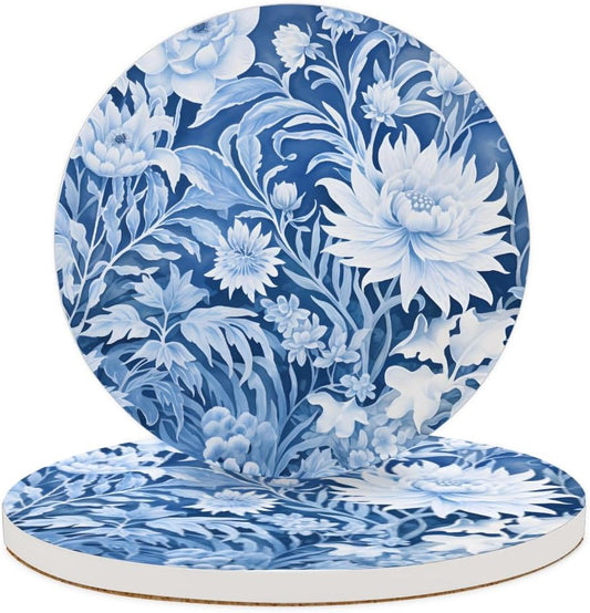 Ceramic Coasters for Drinks with Cork Back, Cyan White Floral 4 Inch Absorbent Coaster Set 2 Pack, Quick Dry Non-Slip Coaster Mats for Home, Office, Bar