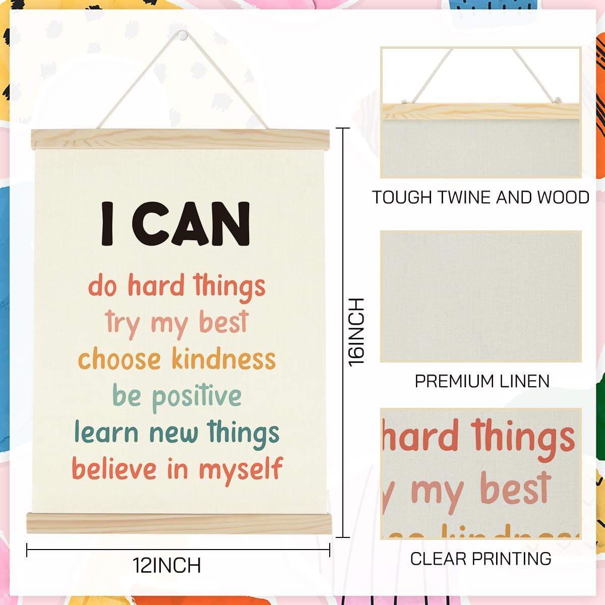 WINGTECA Affirmations for Kids Poster Hanger Frame Classroom Back to School Decorations I Can Do Hard Things Colorful Wall Hanging Banner Decor for Kids Room Classroom 12x16Inch