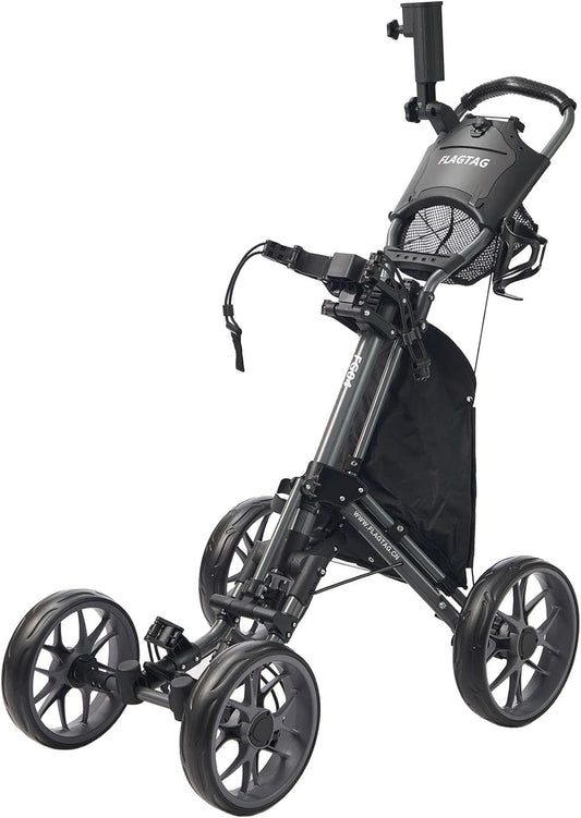 Golf Push Cart 4-Wheels,Folding Golf Cart, Golf Pull cart with Cup Holder,Umbrella Holder,Cooler Bag, Foldable with one-Click,Handle Height Adjustable,Drink Holder,Walking Push cart