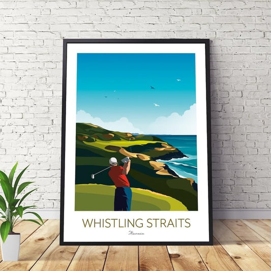 Whistling Straits Golf Print, Wisconsin - Golf Poster, Whistling Straits Golf Poster, Wisconsin Golf Course Print, Golf Art Wall Decor, Coastal Golf Landscape, Golfer Gift (Unframed) (27x40)