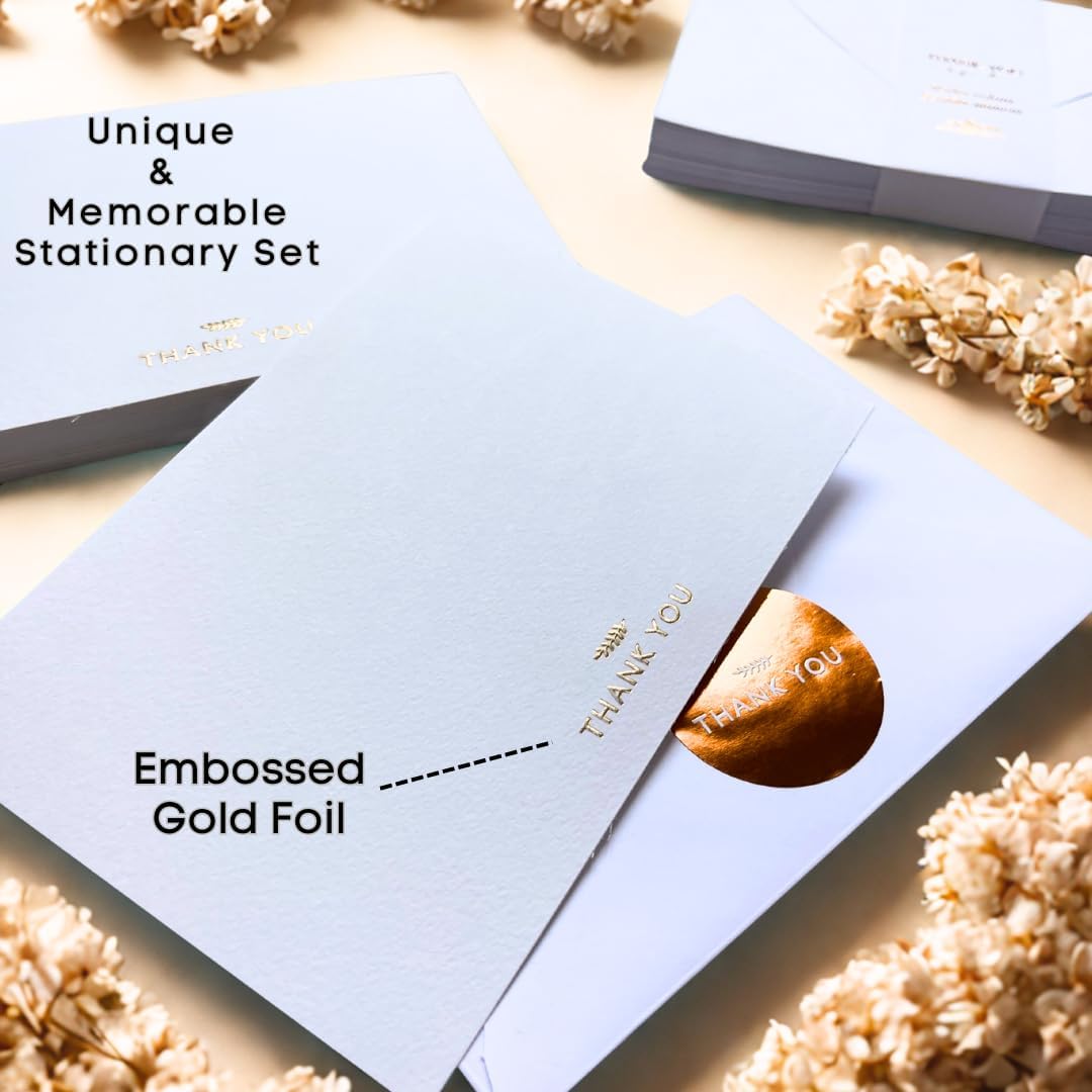RUN2PRINT (36 Pack) Thank You Cards With Envelopes & Gift of 36 Foiled Stickers - Elegant Embossed Gold Foil Pressed Blank Notes Wedding All Occasion Cards (White)