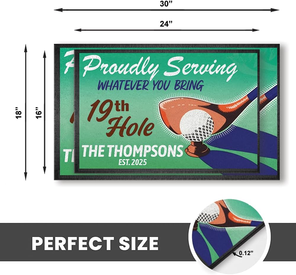 Personalized Golf Doormat – Retro 19th Hole Welcome Mat with Custom Family Name & Year – Proudly Serving Whatever You Bring – Vintage Golf Clubhouse Decor – Non-Slip Outdoor Entry Rug for Golf Lovers