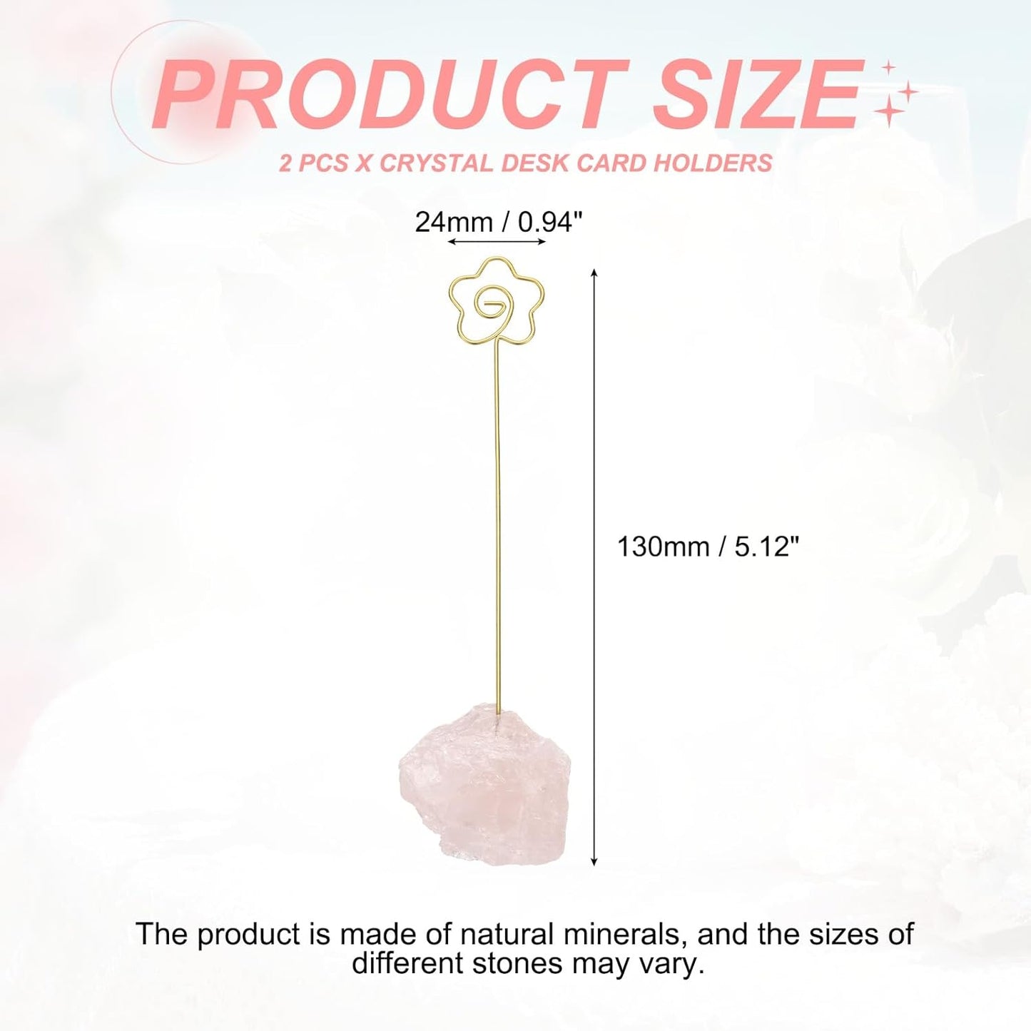 PATIKIL Table Number Holder, 2Pcs Photo Clip Holders Crystal Stone Quartz Desk Card Holder Raw Flower Shape Iron Memo Note Photo Stand for Wedding Party Home Office Decor, Pink
