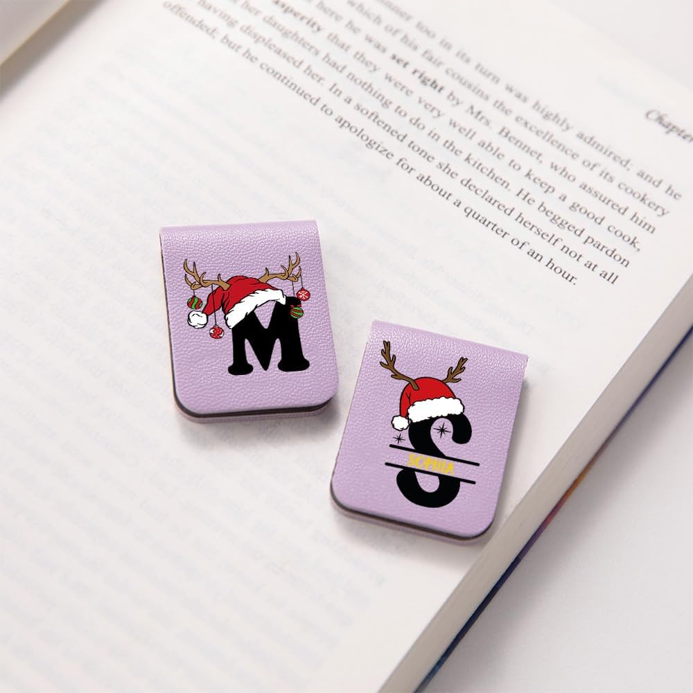 CALLIE Personalized Magnetic Bookmark Clip – Custom Name Reading Gifts for Book Lovers, Birthday Teacher's Day Christmas for Bookworm Gifts (Santa Hat Reindeer)