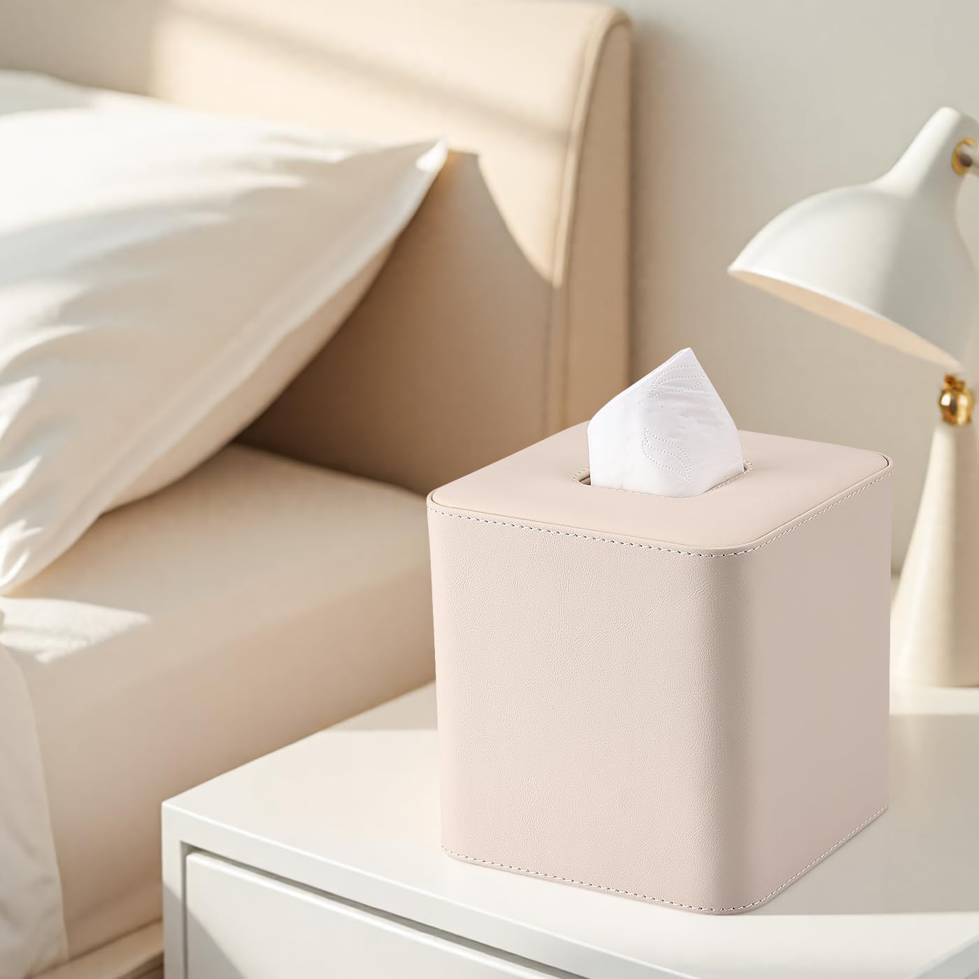 GORESE Leather Tissue Box Cover Square Kleenexs Box Cover, Cute Tissue Box Holder for Cube Box Tissues, Tissue Cover for Bedroom, Living Room, Bathroom, Beige