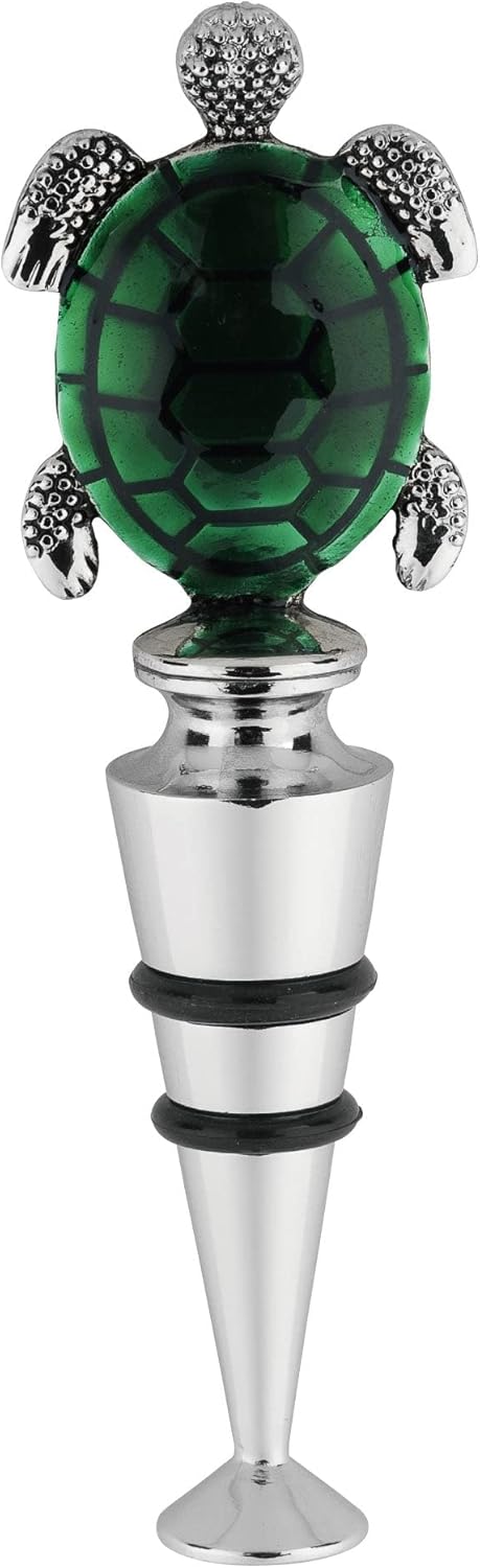Supreme Housewares Sea Turtle-Shaped Zinc Alloy Wine Bottle Stopper - Reusable Beverage Preserver for Wine, Champagne, and Sparkling Drinks - Silver and Green, 4.5 Inch Tall