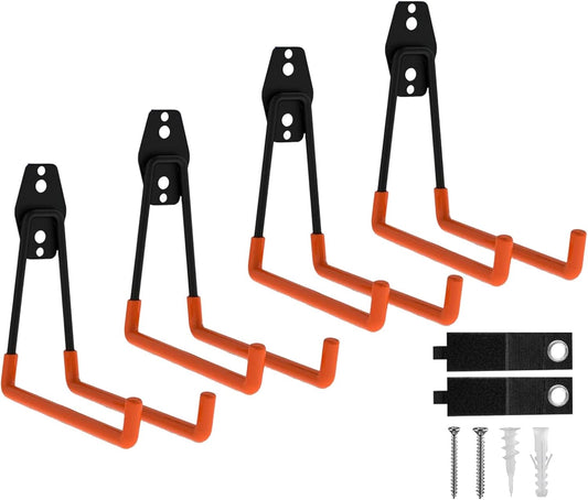 Garage Hooks, 4 Pack Large Square Wall Hooks for Hanging Heavy Duty Ladders, Bikes, Tools Ideal for Garage, Garden, Basement Utility Room Storage (Orange)