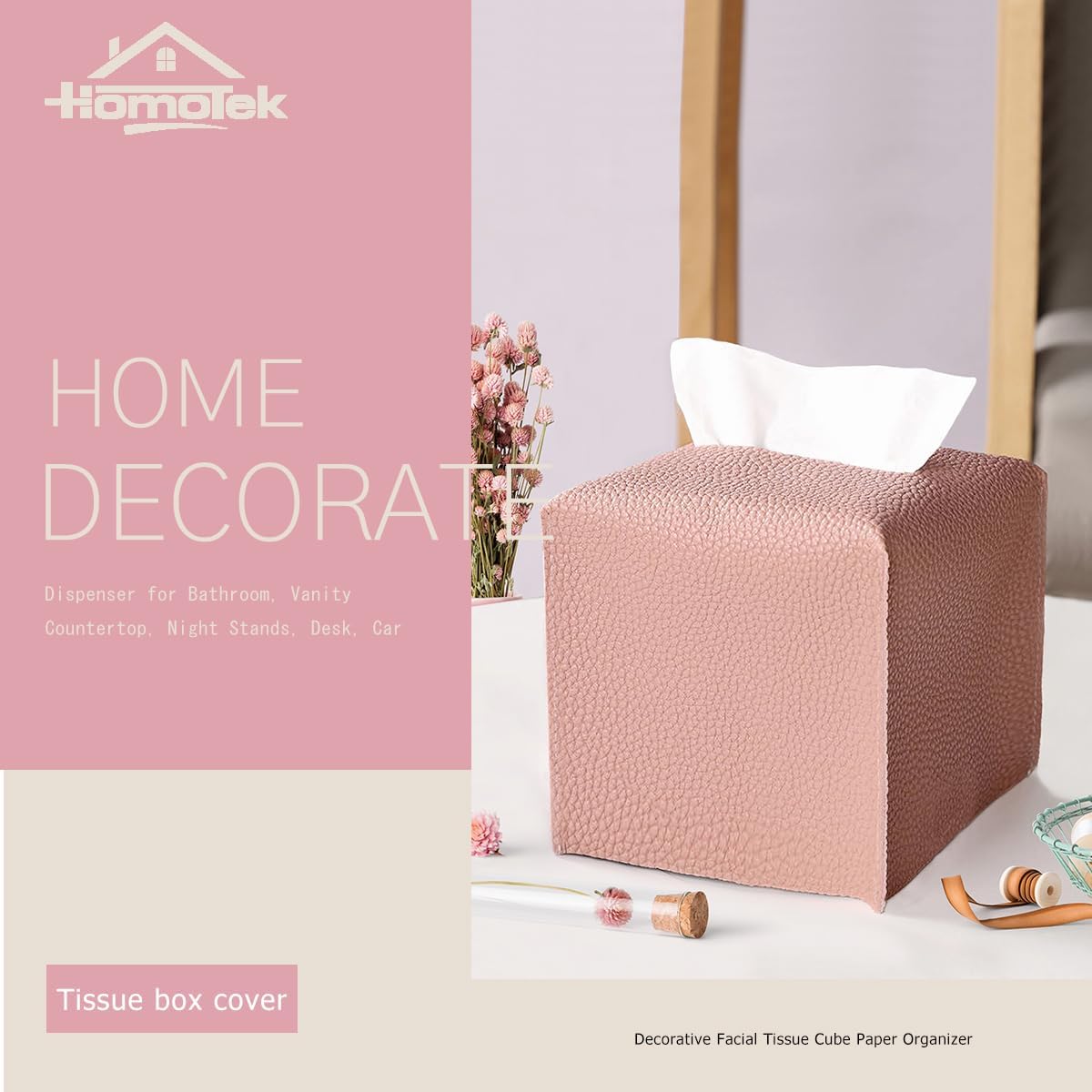 HOMOTEK 2 Pack Tissue Box Cover, Square PU Leather Tissue Holder, Decorative Facial Tissue Cube Paper Organizer Dispenser for Bathroom, Night Stands, Desk, Car 5X5X5'' - Dusty Rose, Pebble Grain