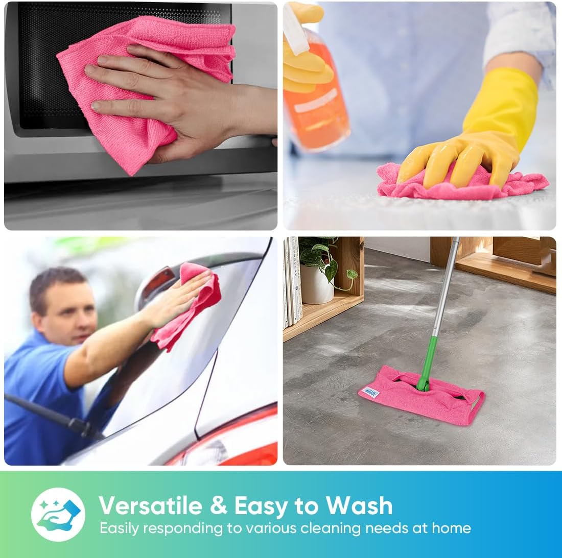 HOMEXCEL Pink Microfiber Cleaning Cloth, 24 Pack Cleaning Towels for Kitchen, Lint Free, Scratch-Free, Highly Absorbent, and Reusable Cleaning Rags for House, Window and Glass, Cars, 11.5 X11.5 inch