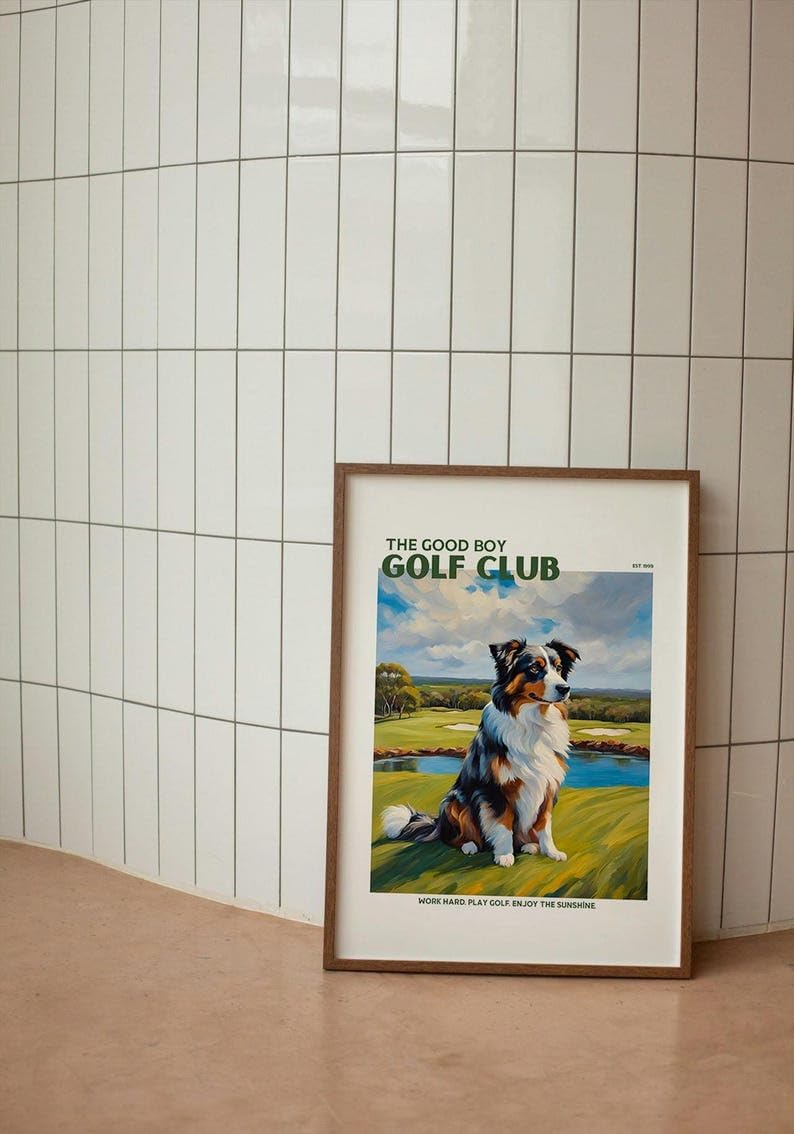 Golf Wall Art Print, Good Boy Golf Club Poster with Australian Shepherd, Colorful Impasto Painting, Trendy Sports Decor, Aussie Dog Artwork, Great Gift for Golf Enthusiasts (Unframed) (16x24)