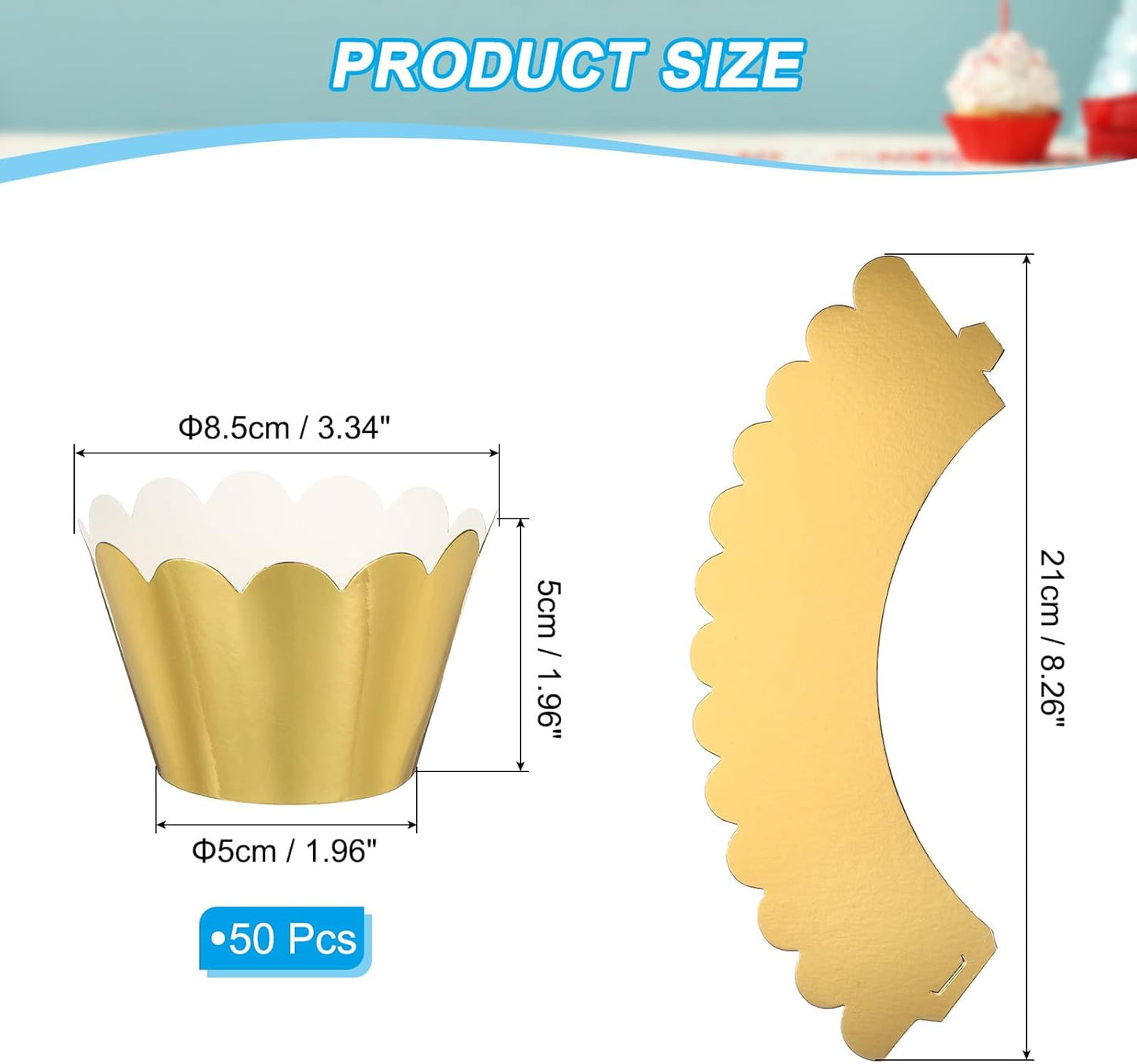 PATIKIL Cupcake Wrappers Paper, 50 Pack Baking Cups Standard Wave Decoration for Anniversary Birthday Weddings and Parties, Reflective Gold