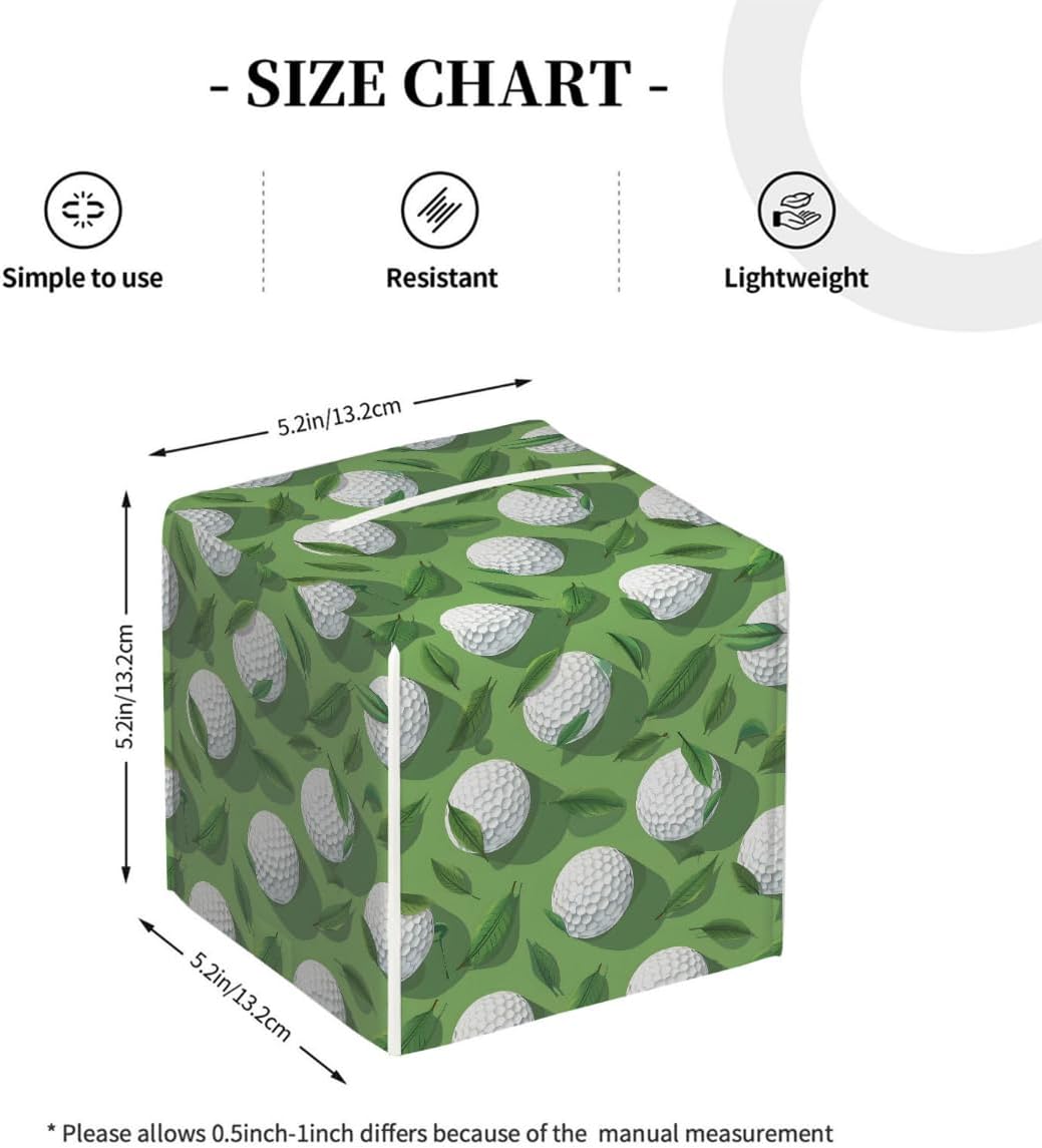 Square Leather Tissue Box Cover, Waterproof Napkin Dispenser with Golf Sports Golf Ball Print, Tissue Holder for Bathroom, Living Room, Bedroom, Office, and Car Decor