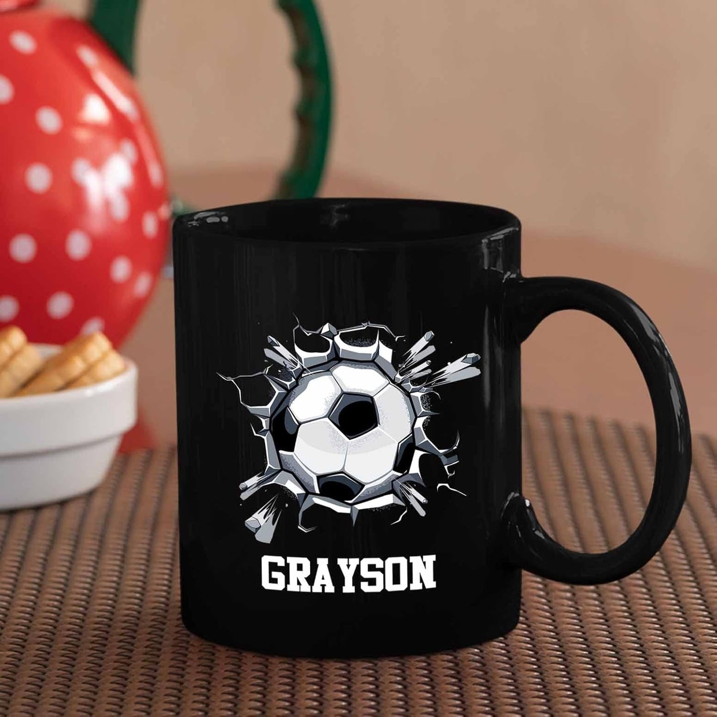 Personalized Choose Name Soccer Black Ceramic Mug Gifts For Soccer Ball Player Sport Lover, Customized Soccer Ball Coffee Mugs 11 Oz 15 Oz, Soccer Players Coffee Cup Gift For Men Women Soccer Lover